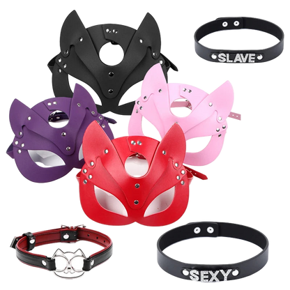 Collection of cat-themed masks and chokers in various colors on a white background.