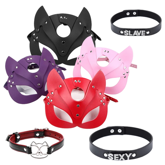 Collection of cat-themed masks and chokers in various colors on a white background.