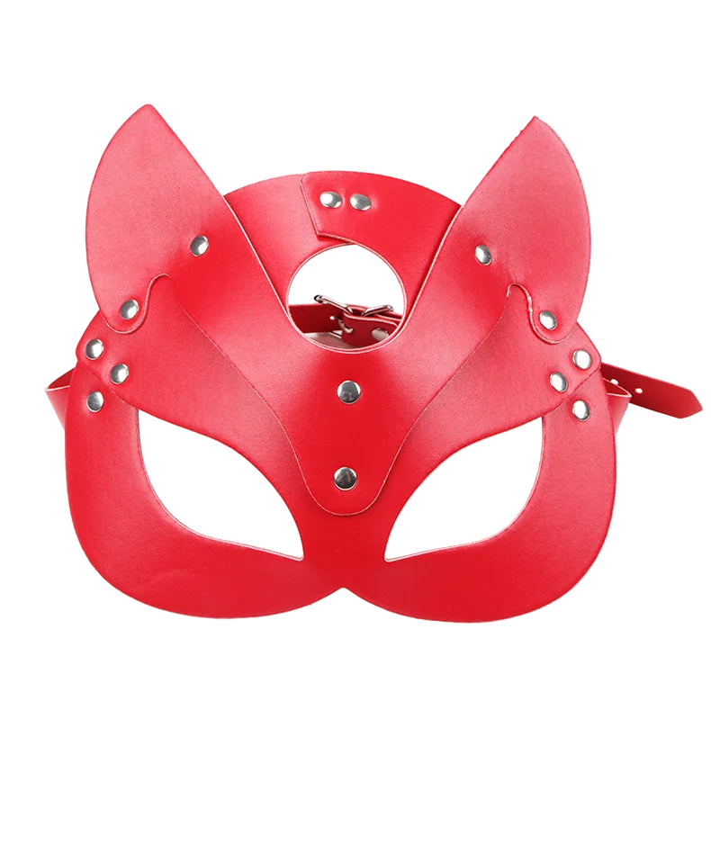 Red cat mask with silver studs on a white background