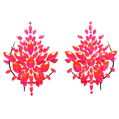 Pair of red floral earrings on a white background