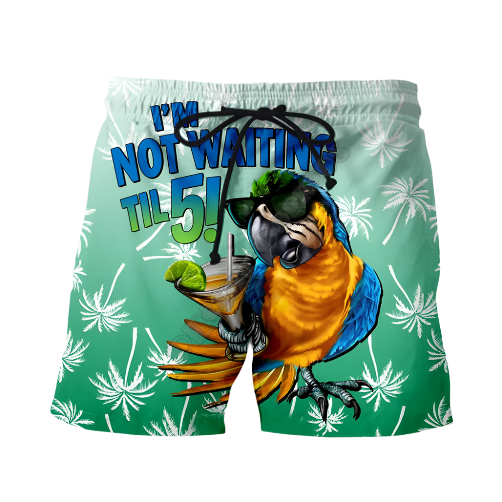 Couples Matching Parrot Beach Shorts featuring vibrant tropical design, perfect for adult resort theme nights