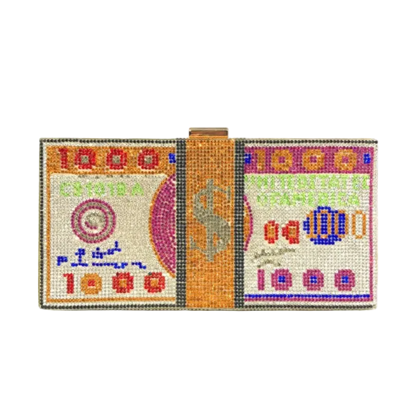 Colorful beaded clutch purse designed to resemble a dollar bill on a white background