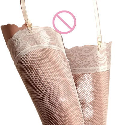 White lace and fishnet thigh-high stockings with matching suspender straps, shown on a model's legs. A pink prohibition symbol is overlaid over the central area.