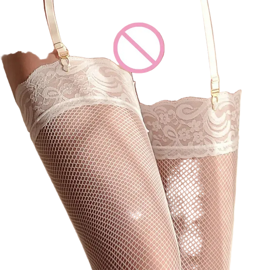 White lace and fishnet thigh-high stockings with matching suspender straps, shown on a model's legs. A pink prohibition symbol is overlaid over the central area.