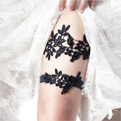 2-piece rose lace garter set in navy and red with floral details for romantic resort evenings

