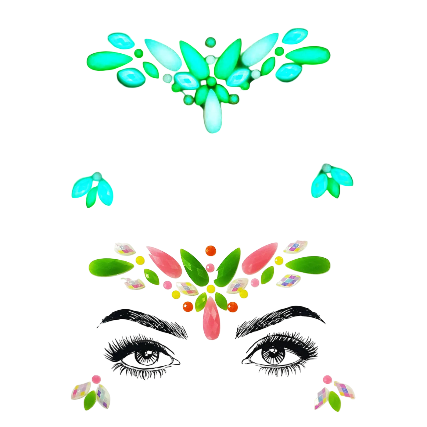 Glowing butterfly face decals on a black and white background