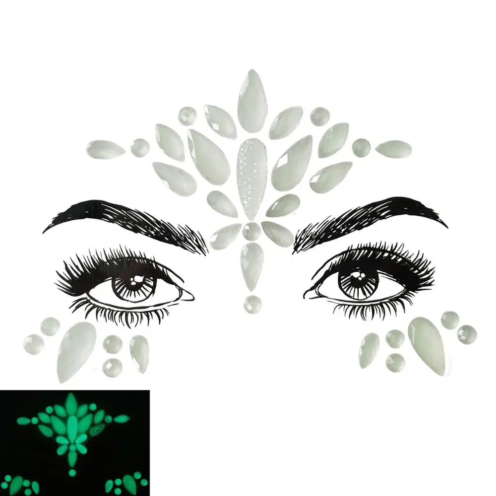 Glow-in-the-dark face paint design with eyes and decorative elements on a white background.