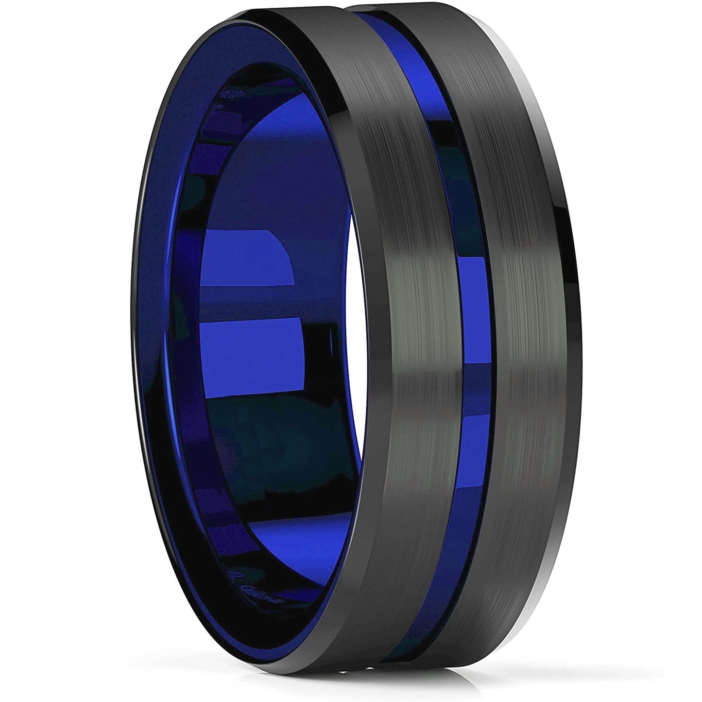 Close-up of the black tungsten ring, highlighting the intricate brick pattern and polished beveled edges.