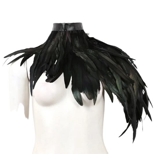 A black feathered collar with layered feathers creating a dramatic and elegant look. It's ideal for adding a touch of theatrical flair to an outfit.