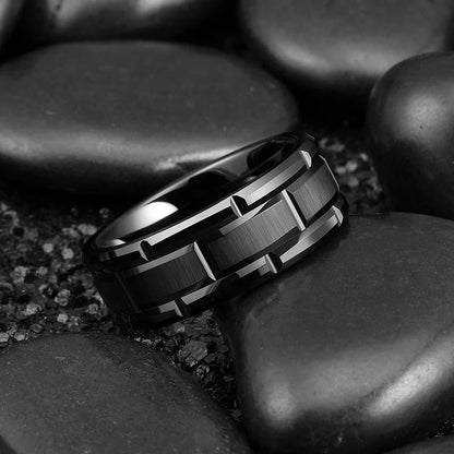 Classic men's 8mm black tungsten ring featuring a double groove beveled edge and brick pattern, perfect for a modern and sophisticated look.