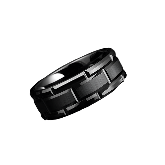 Classic Men's 8mm Black Tungsten Ring, Double Groove Beveled Edge Brick Pattern