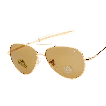 Gold aviator sunglasses with gold-tinted lenses and a gold metal frame, shown on a white background 