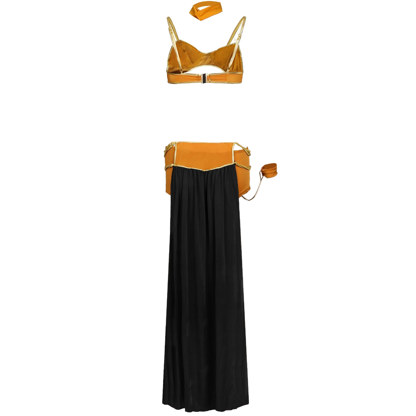 Yellow bikini top and black flowing dress on a white background