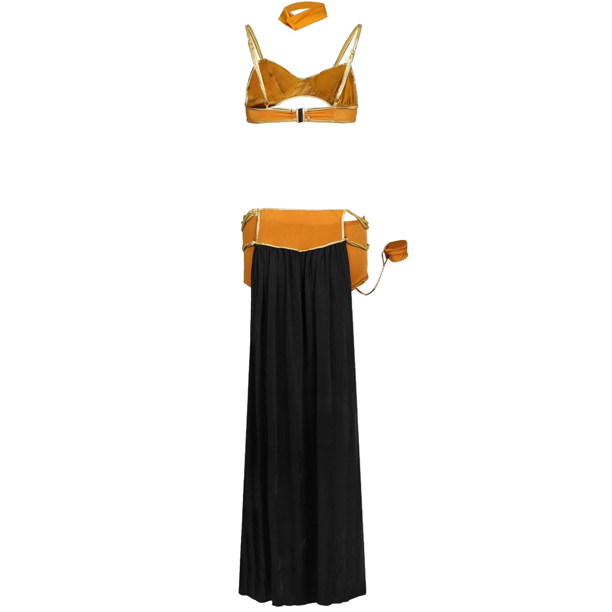 Yellow bikini top and black flowing dress on a white background