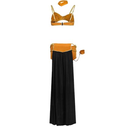 Yellow bikini top and black flowing dress on a white background