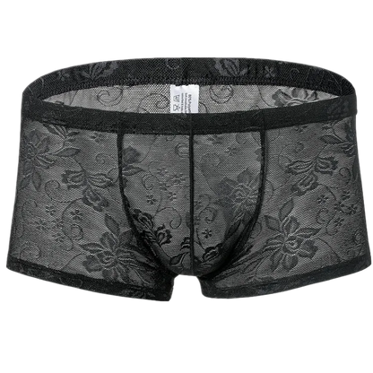 Black floral lace men's underwear on a white background 