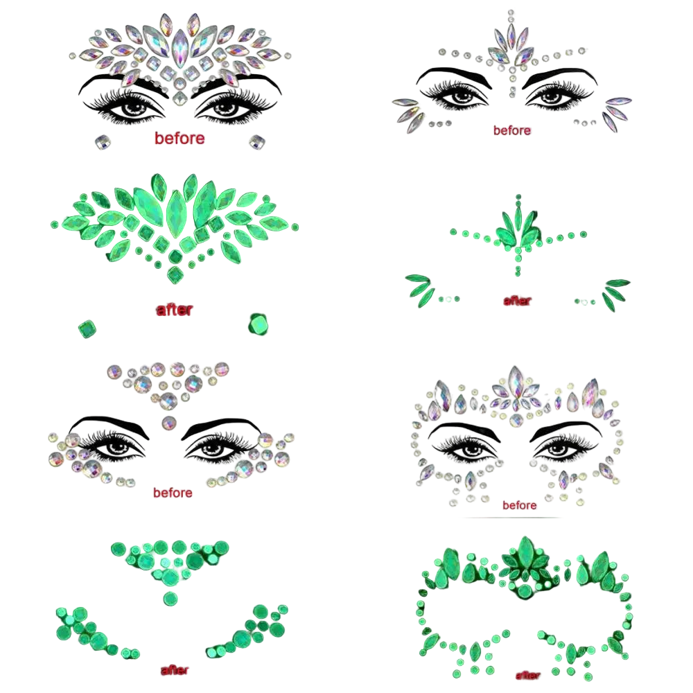 Glowing face stickers with before and after effects on a black background