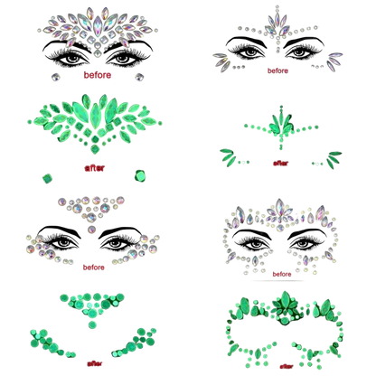 Glowing face stickers with before and after effects on a black background