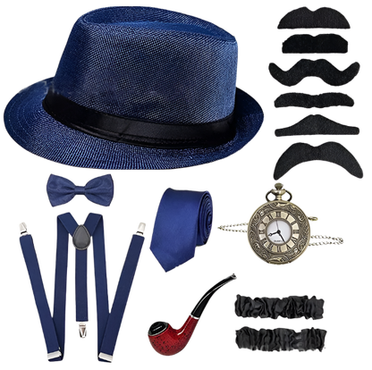 5-piece men's Gatsby accessories set featuring Fedora hat, suspenders, armbands and bow tie for resort theme nights

