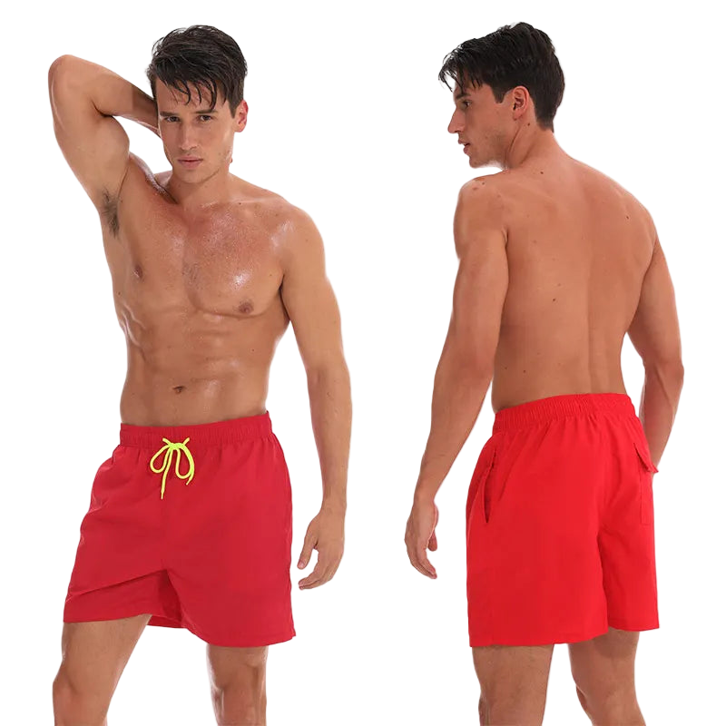 Man wearing red swim shorts with a yellow drawstring, shown from front and back on a white background.