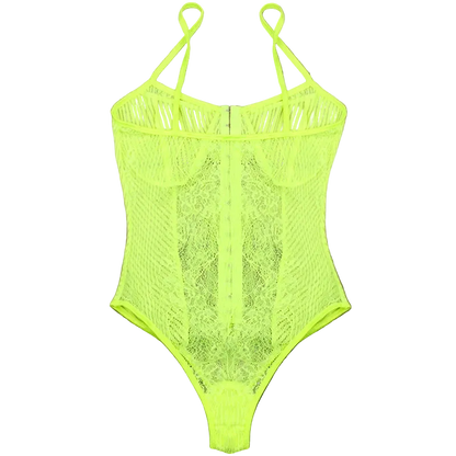 A neon yellow-green lace and mesh bodysuit with thin shoulder straps, laid flat on a dark brown wooden plank background.