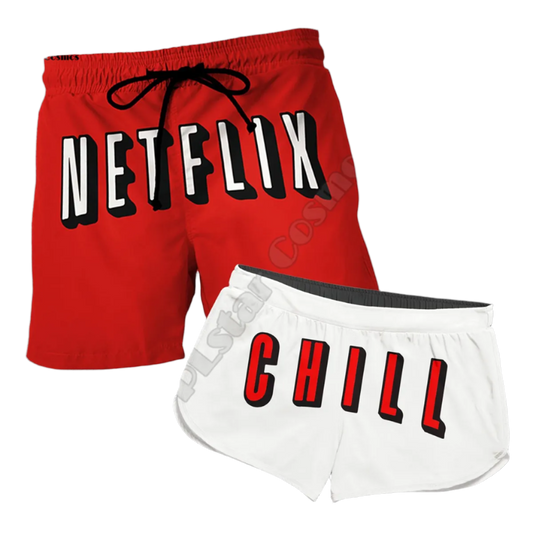 Couples Matching Netflix & Chill Beach Shorts featuring playful design, perfect for adult resort theme nights