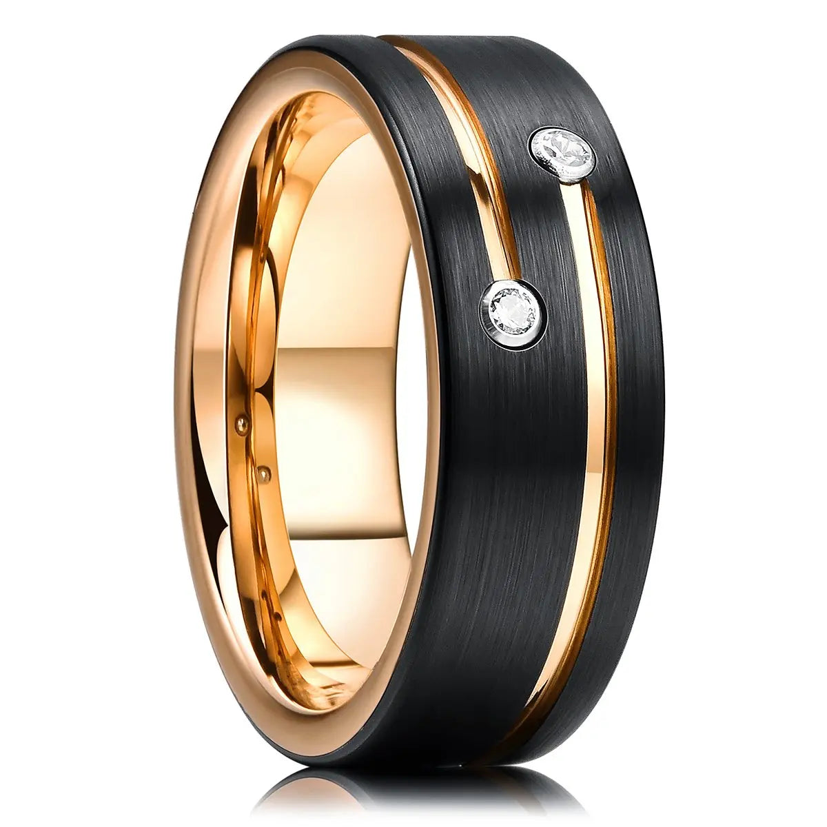 Close-up of the black tungsten ring, highlighting the intricate brick pattern and polished beveled edges.