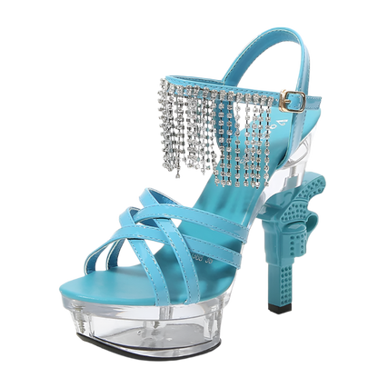 Platform glitter sandals with glowing crystal and pistol heel design featuring 14cm cross-tied high heels in plus size 43 perfect for resort glamour and shimmer styling
