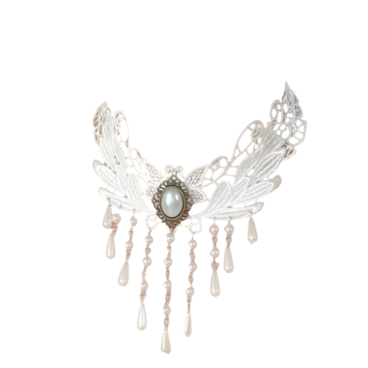 White lace choker with pearl accents and tassel details - perfect for alternative resort brides and theme nights