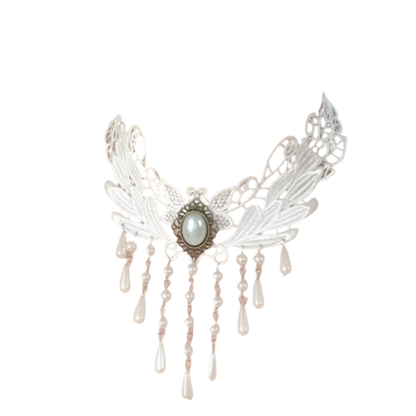 White lace choker with pearl accents and tassel details - perfect for alternative resort brides and theme nights