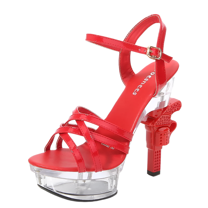 Platform glitter sandals with glowing crystal and pistol heel design featuring 14cm cross-tied high heels in plus size 43 perfect for resort glamour and shimmer styling
