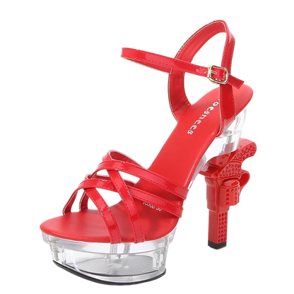 Platform glitter sandals with glowing crystal and pistol heel design featuring 14cm cross-tied high heels in plus size 43 perfect for resort glamour and shimmer styling
