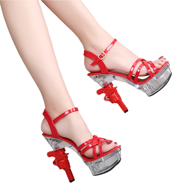 Platform glitter sandals with glowing crystal and pistol heel design featuring 14cm cross-tied high heels in plus size 43 perfect for resort glamour and shimmer styling
