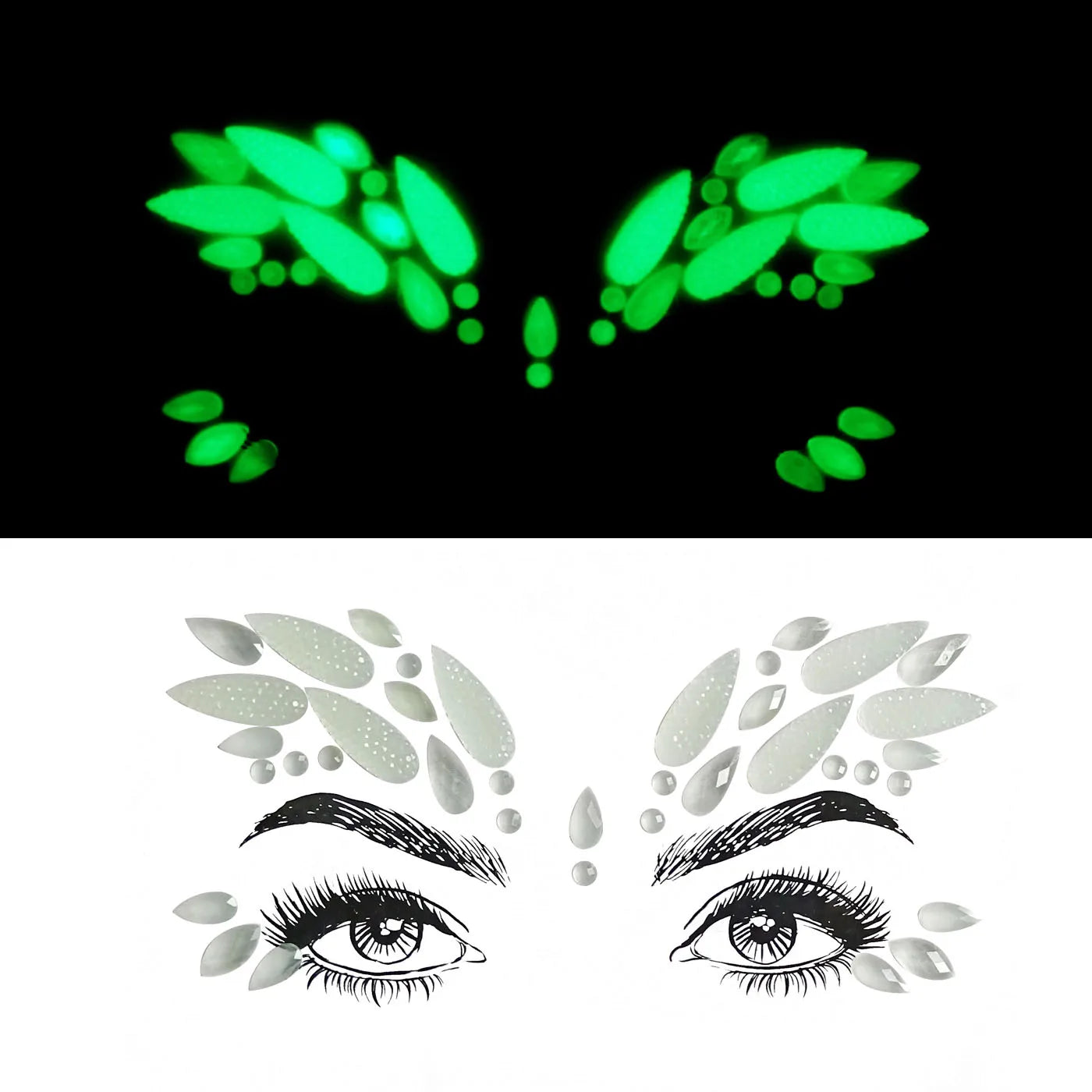 Glowing green leaf-shaped face stickers on a black background with a white background showing a design of eyes.