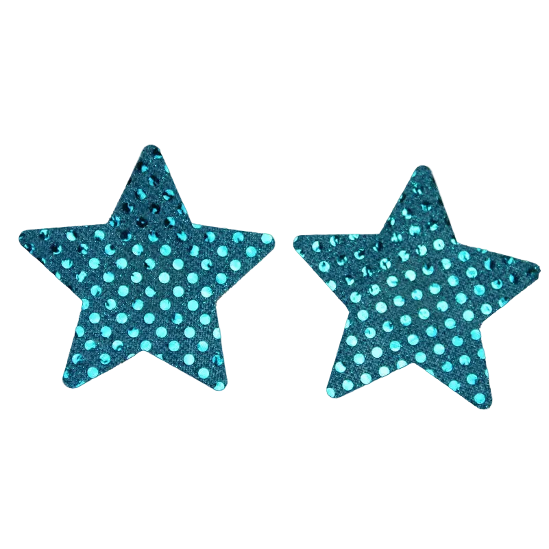 Two teal blue star-shaped sequin patches with a sparkling polka dot pattern, displayed side-by-side on a plain white background.