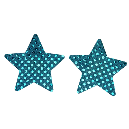Two teal blue star-shaped sequin patches with a sparkling polka dot pattern, displayed side-by-side on a plain white background.