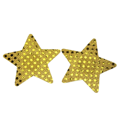 Two gold glitter star-shaped accessories with black polka dots, displayed on a white background