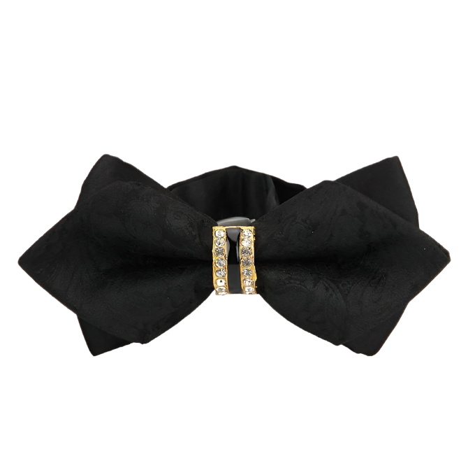 Black bow with a decorative gold bar on a white background