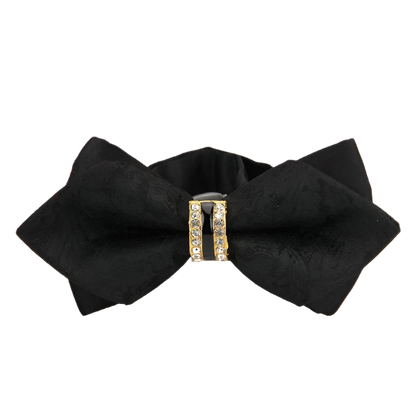 Black bow with a decorative gold bar on a white background