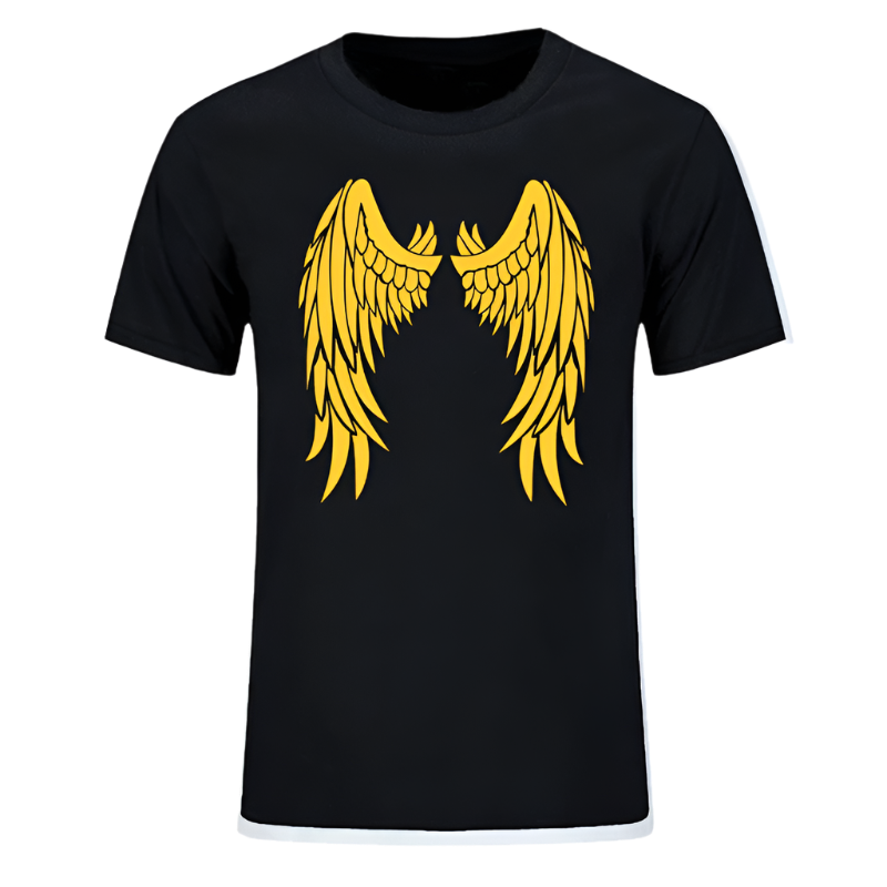  t-shirt with a large yellow wing design printed on the back. The wings are detailed and symmetrical, spreading across the shoulders in a stylized, artistic pattern.