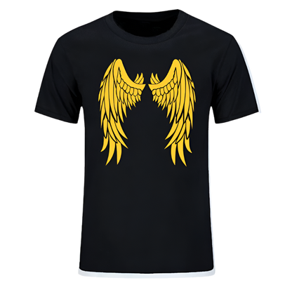  t-shirt with a large yellow wing design printed on the back. The wings are detailed and symmetrical, spreading across the shoulders in a stylized, artistic pattern.