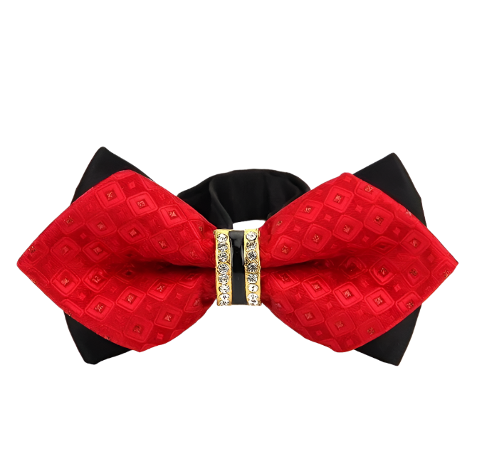 Red bow tie with black accents and a decorative band on a white background
