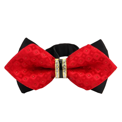 Red bow tie with black accents and a decorative band on a white background