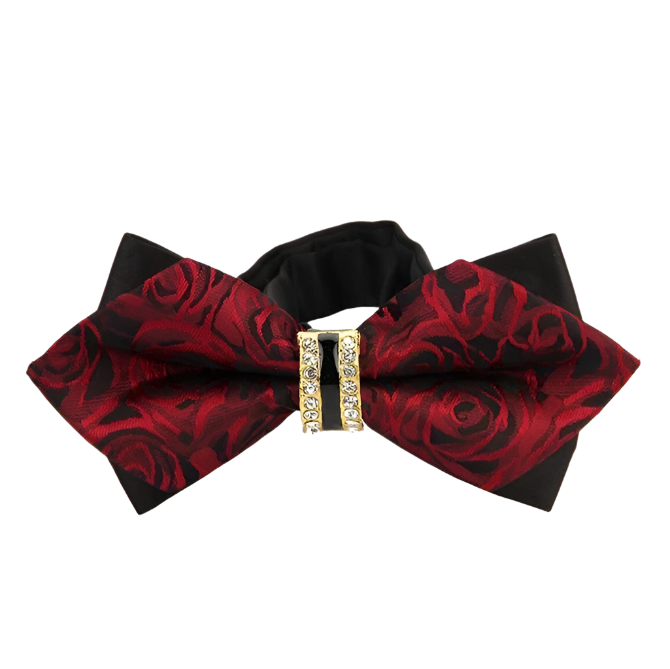 Red and black bow tie with a decorative clasp on a white background
