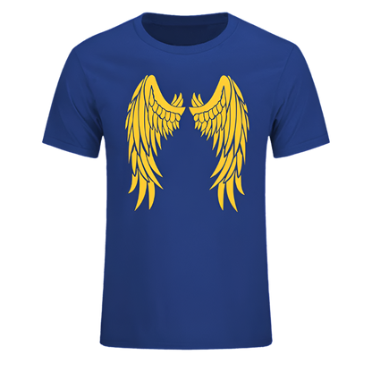  t-shirt with a large yellow wing design printed on the back. The wings are detailed and symmetrical, spreading across the shoulders in a stylized, artistic pattern.