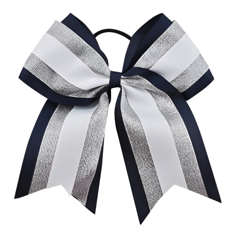 Navy and white striped hair bow on a white background