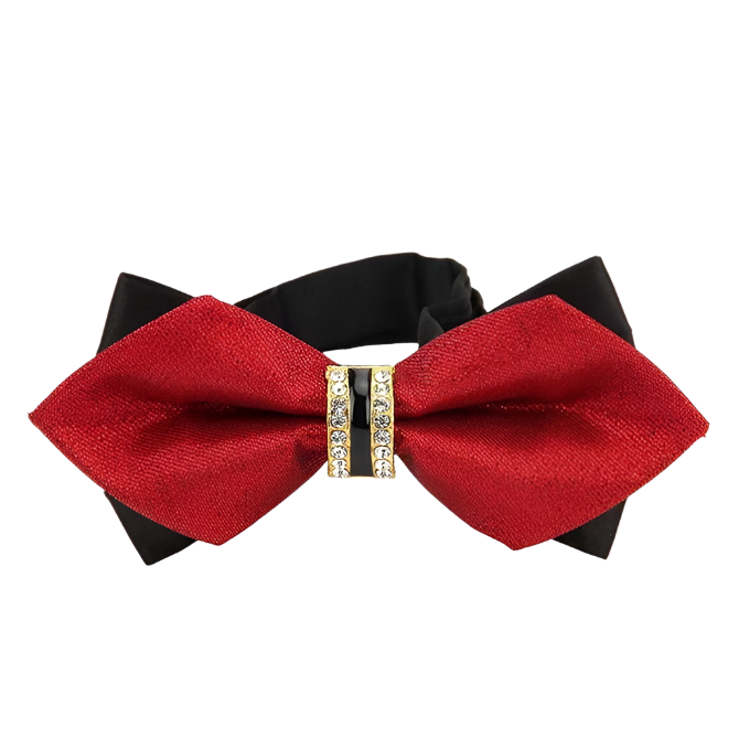 Red bow tie with black fabric backing on a white background