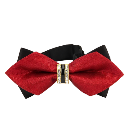 Red bow tie with black fabric backing on a white background