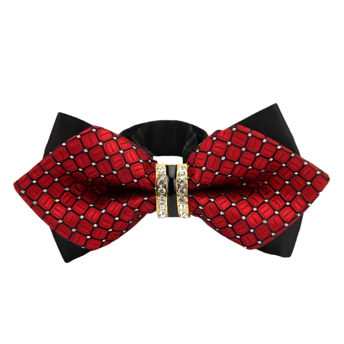 Red and black bow tie with a decorative clasp on a white background