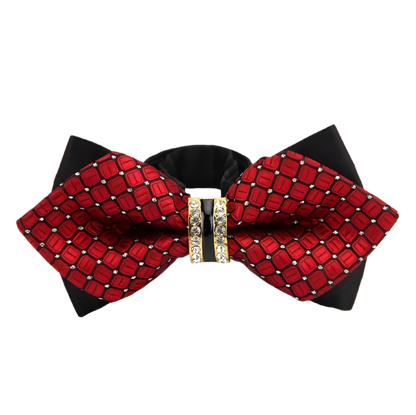 Red and black bow tie with a decorative clasp on a white background